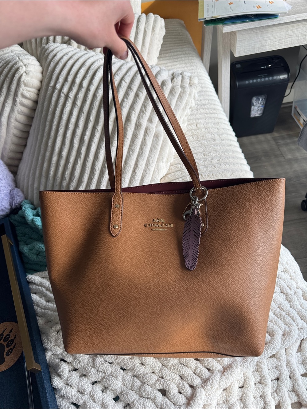 Coach Brown Leather Tote with Plum Feather Charm